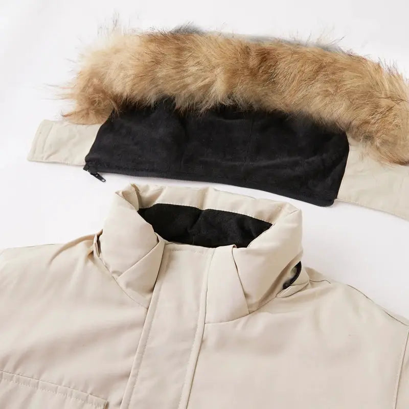 Beige men's down parka with large fur collar, mid-length winter coat