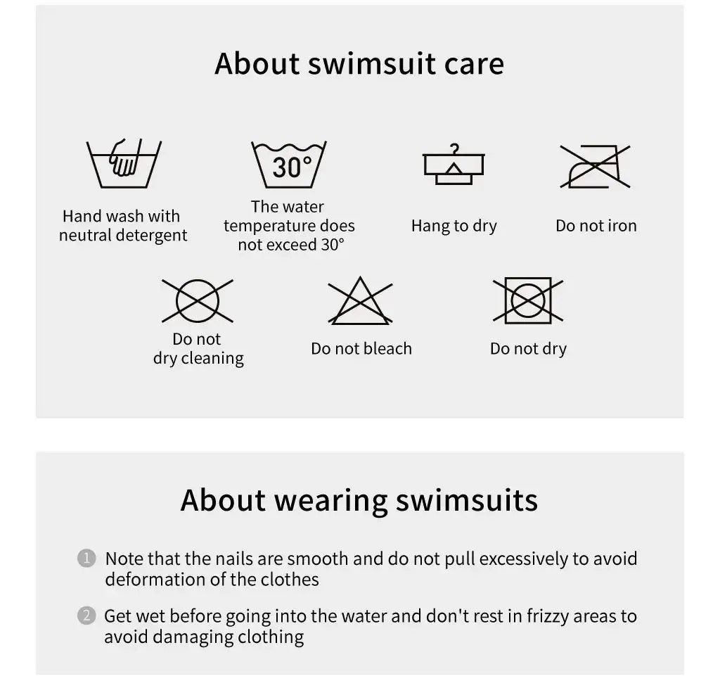 AMORESY wetlook catsuit care guide infographic with washing icons on a gray background