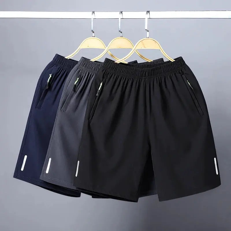Simples Market men's quick-dry jogging shorts; set of three in navy, gray, and black with zip pockets