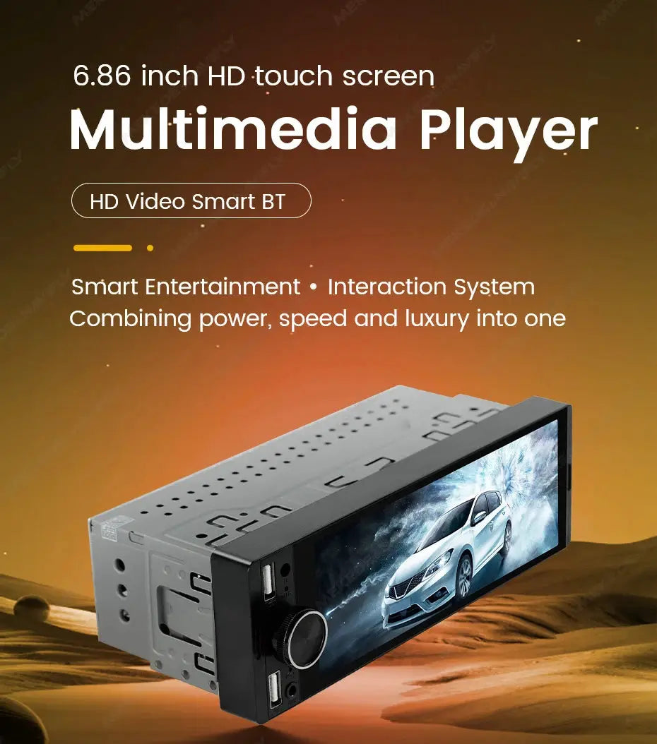 1DIN Universal MP5 6.86-inch touchscreen car multimedia player with CarPlay, Android Auto, Bluetooth, USB/AUX