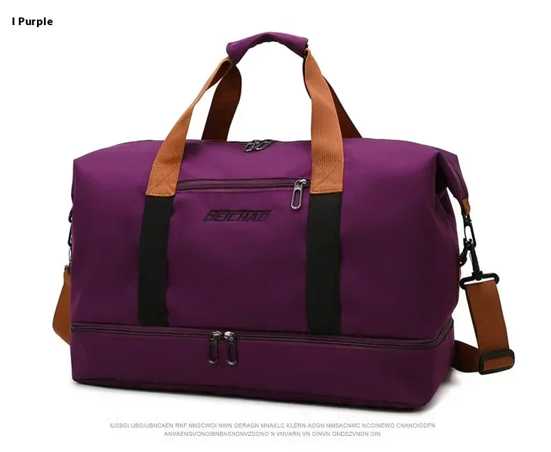 Large capacity purple travel gym bag with brown handles and detachable shoulder strap, BECHART logo