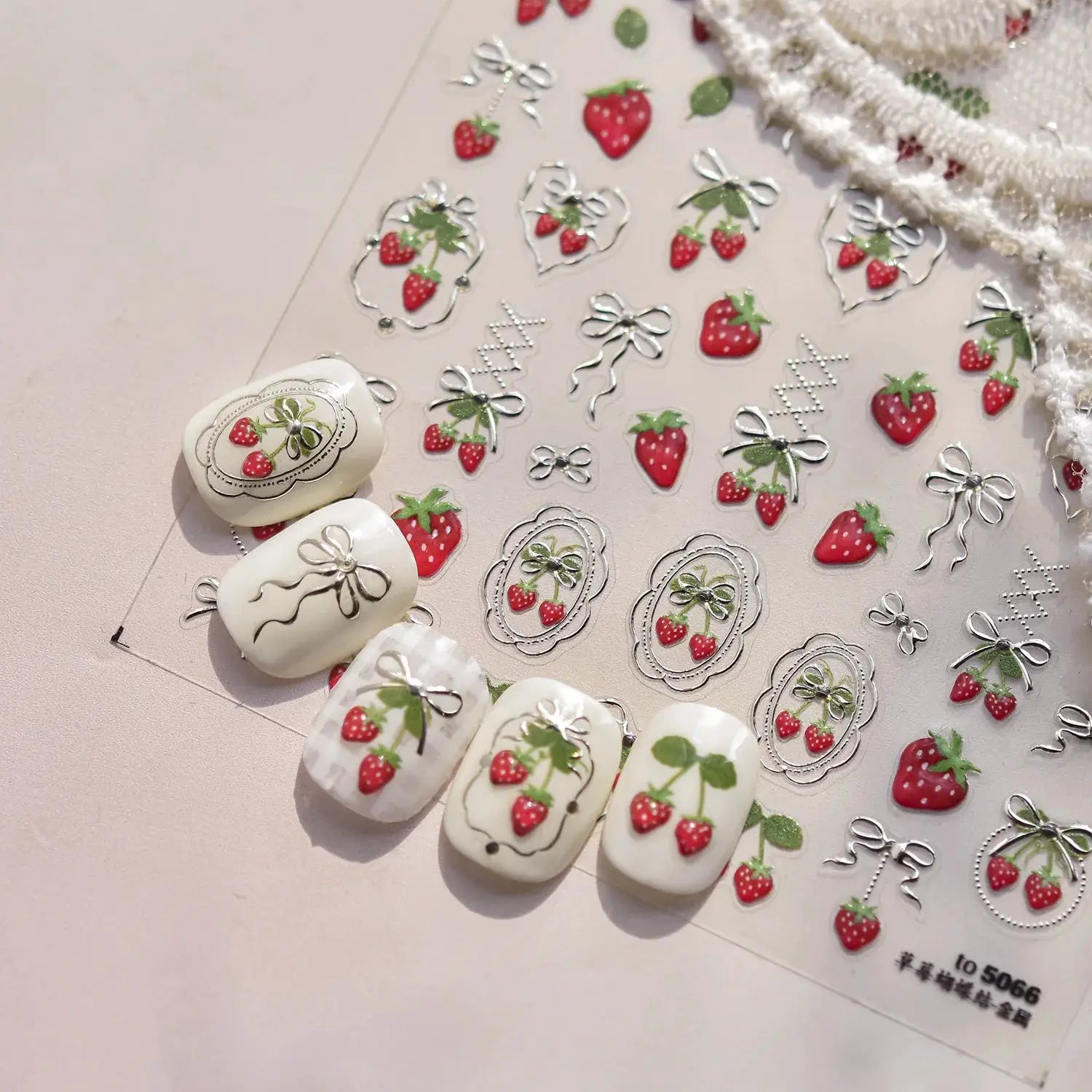 Simples Market pink translucent jelly nail art stickers sheet with 5D embossed strawberry decals for self-adhesive manicures