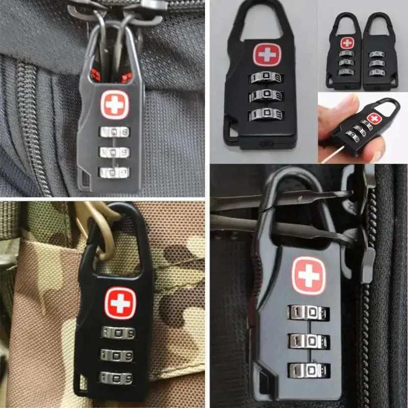 Mini black 4-dial combination padlock with red cross logo for suitcases, drawers and cabinets.
