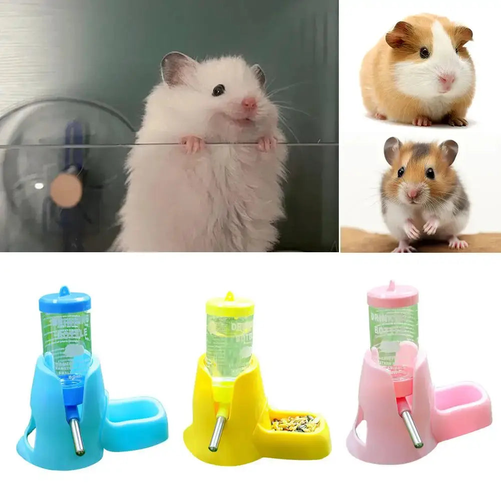 Hamster automatic water feeder with food bowl by Simples Market; blue, yellow and pink variants shown with small rodents