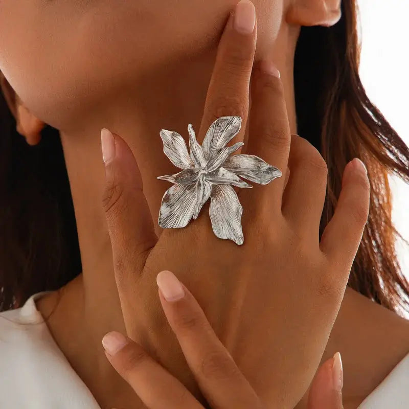 Exaggerated Bilayer Big Flower Ring For Women Open Adjustable Fashion Jewelry Wedding Birthday Gift
