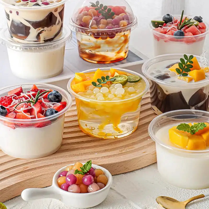 50Pcs Disposable Transparent Cups With Dome And Flat Lids For Milk Tea Coffee Juice Desserts