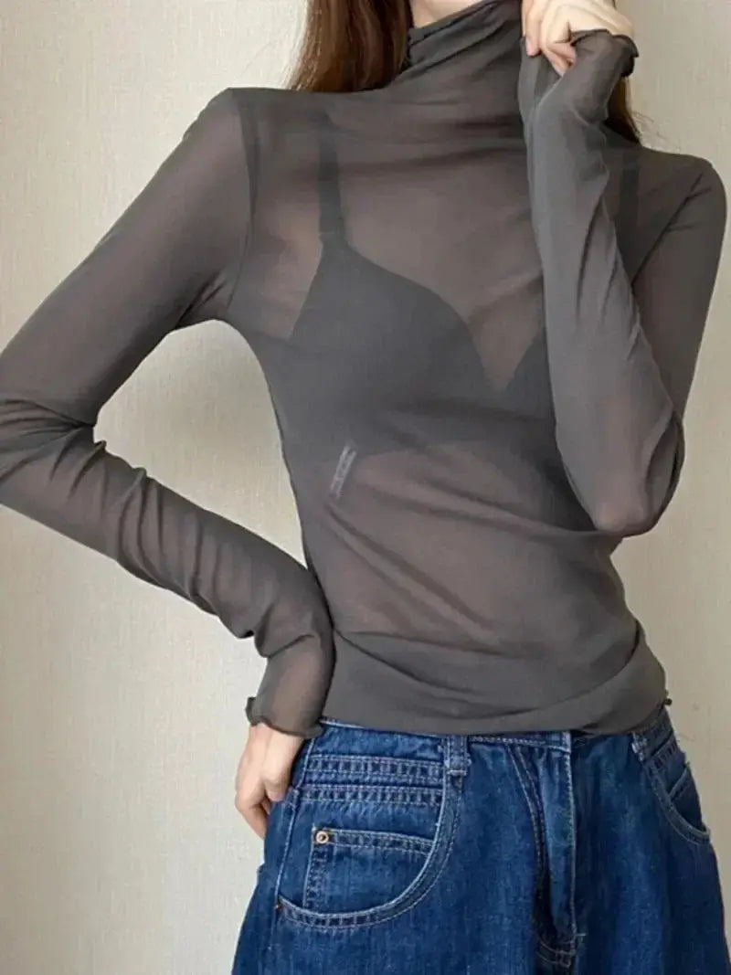 AllureMesh See Through Mesh Turtleneck Top Slim Fit Sheer Lace Crop For Bold Clubwear
