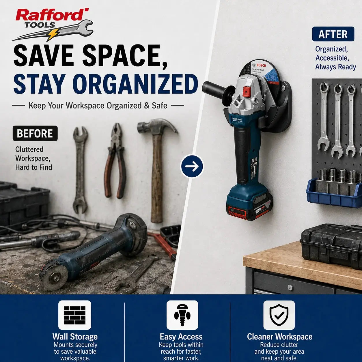 Rafford Tools angle grinder wall mount holder by Simples Market; heavy-duty, space-saving garage tool storage bracket
