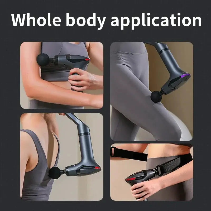 Simples Market long-handle electric massage gun with round head; black/gray body for full-body muscle relief