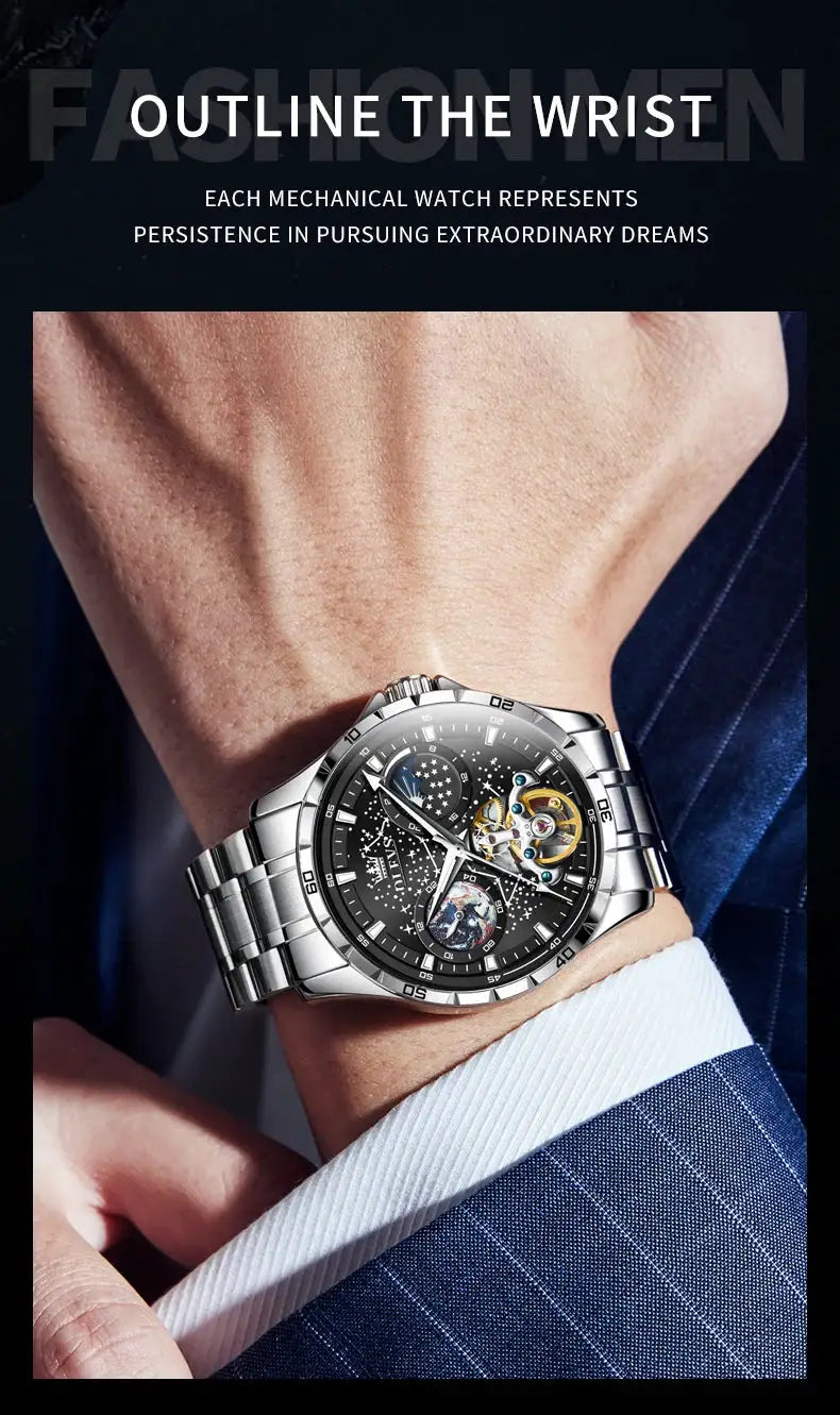 OLEVS Flywheel skeleton automatic watch for men with black starry sky dial and silver stainless-steel bracelet