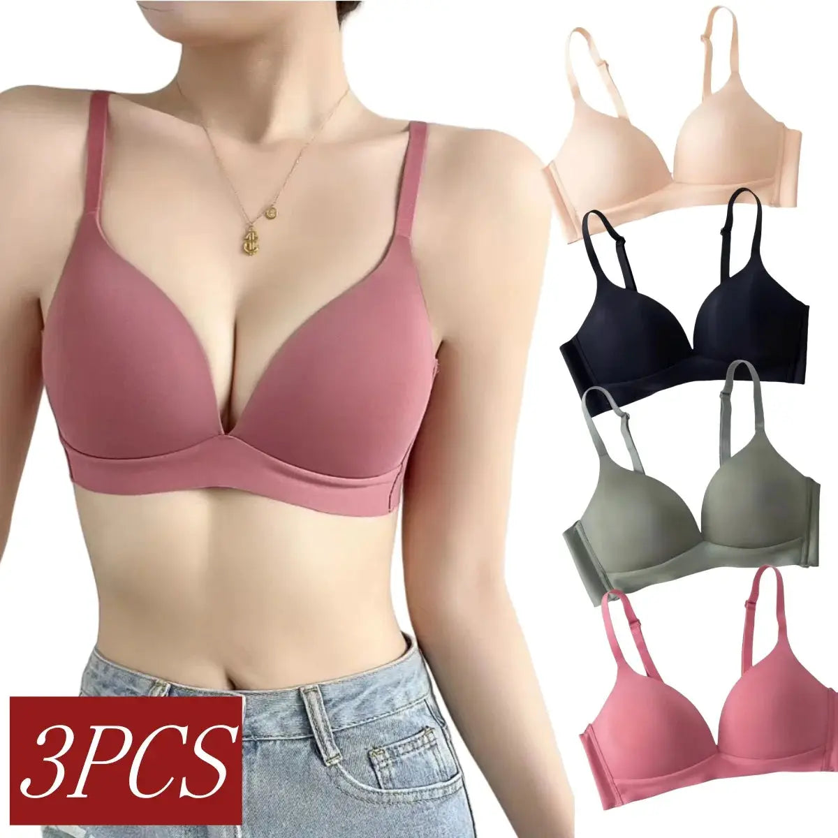 3-piece seamless non-wire push-up bras for women with glossy deep-V 3/4 cups in multiple colors