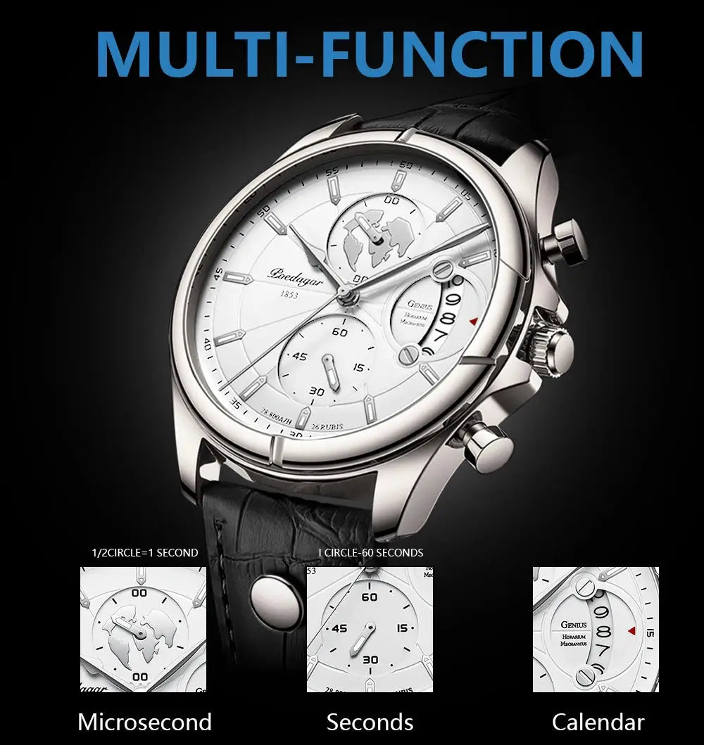 POEDAGAR luxury men's wristwatch with chronograph, silver case and black leather strap