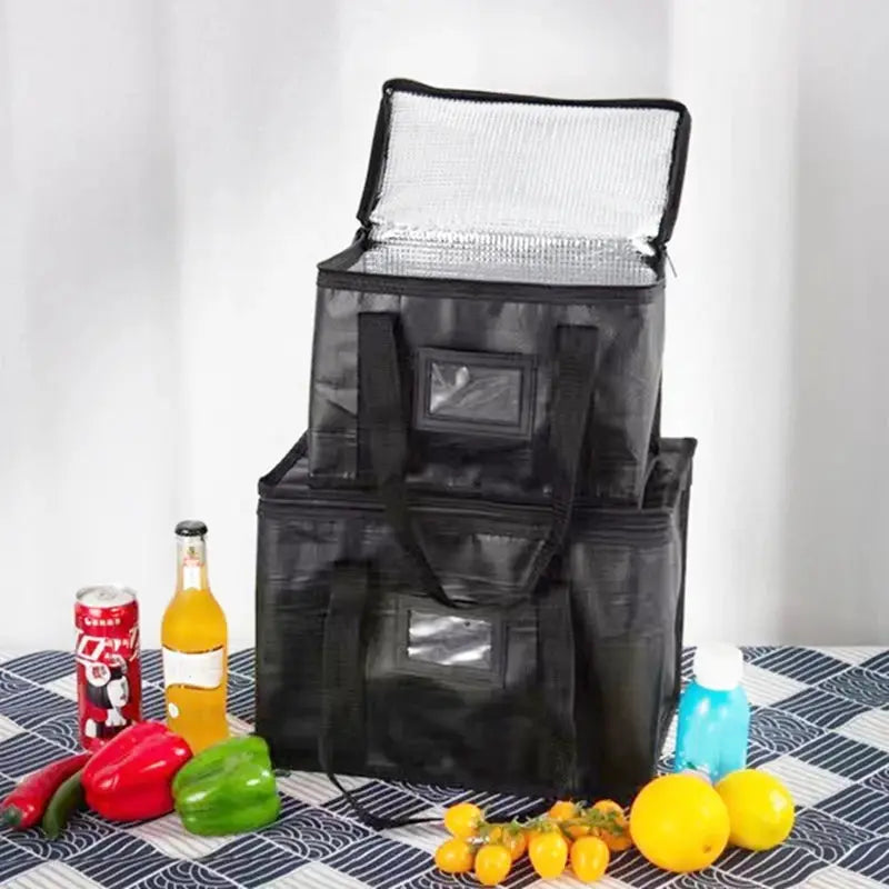 Simples Market black insulated food delivery bag set (3-pack), stacked with foil-lined top cooler.