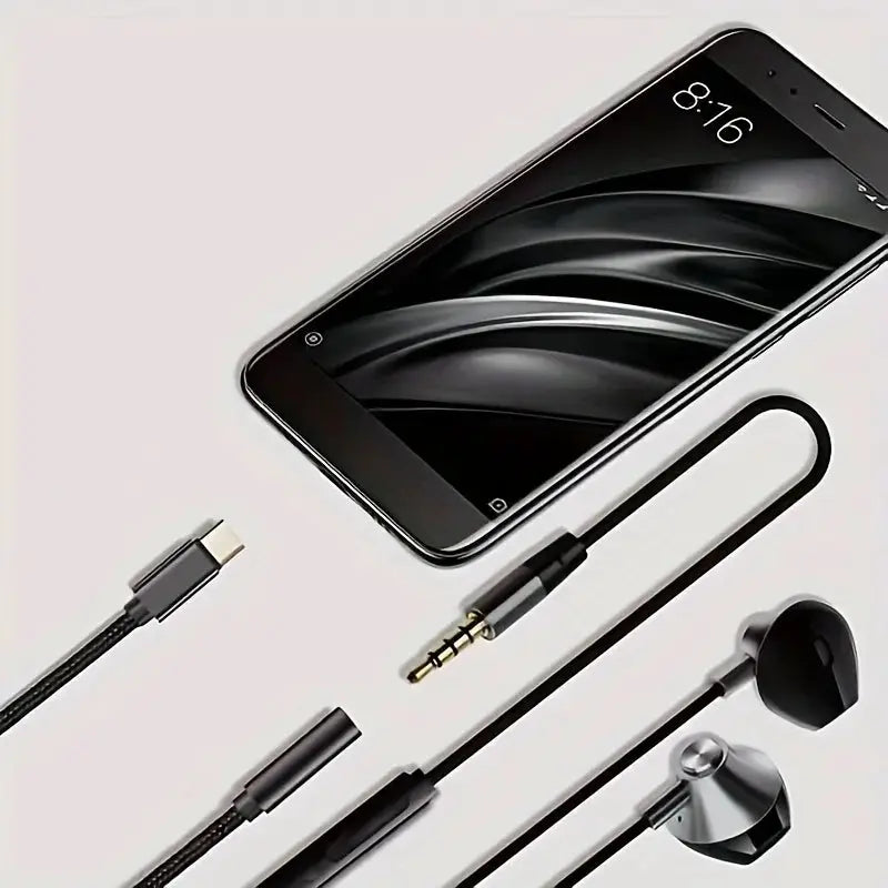 Type-C to 3.5mm headphone adapter cable in black with USB-C plug and 3.5mm jack beside a smartphone