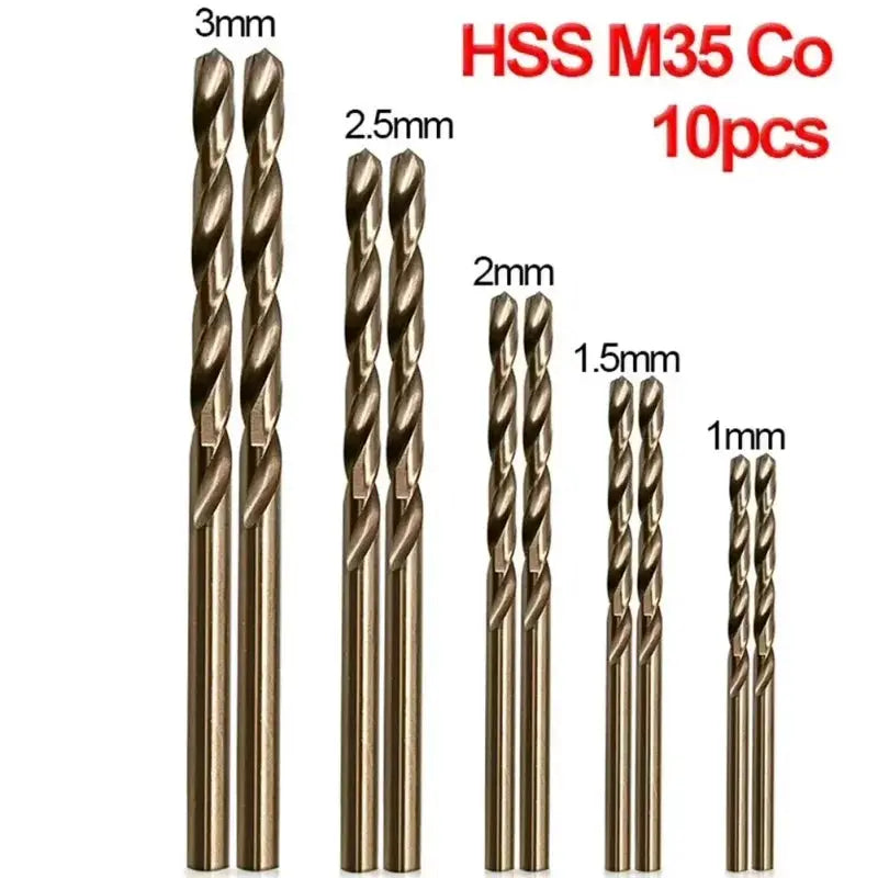 10 Piece Set HSS M35 Cobalt Drill Bits 1 To 3 Mm For Metal And Stainless Steel High Speed Coated Bits