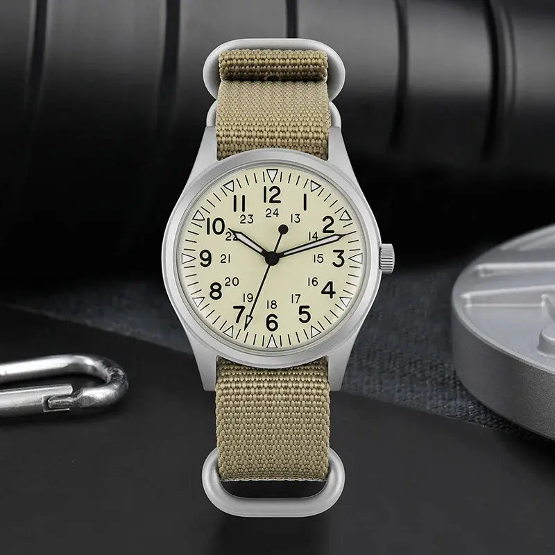 Militado ML07 military watch with tan dial and khaki NATO strap