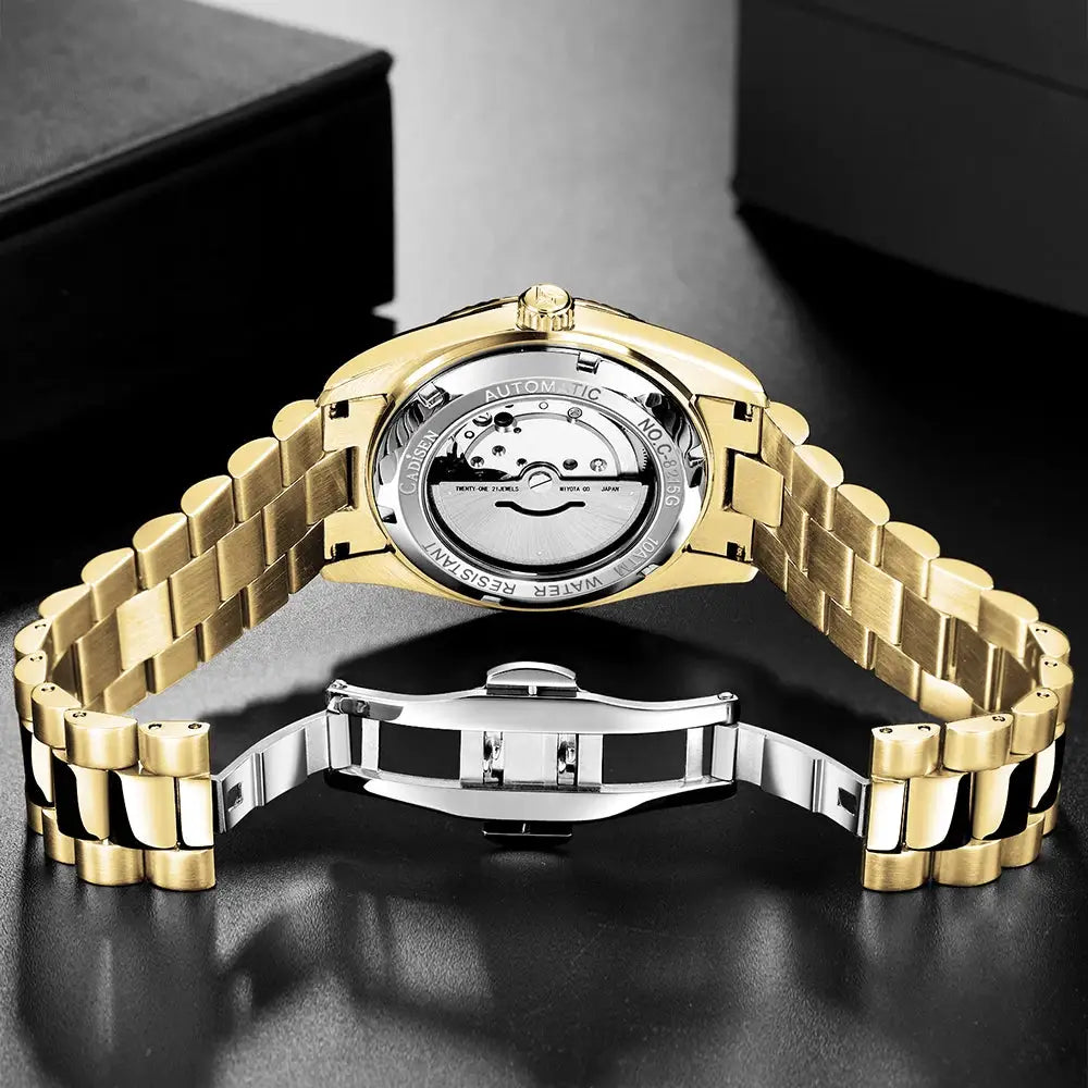 CADISEN DD40 gold-tone men's automatic wristwatch with AR sapphire glass and gold-tone bracelet; exhibition caseback.