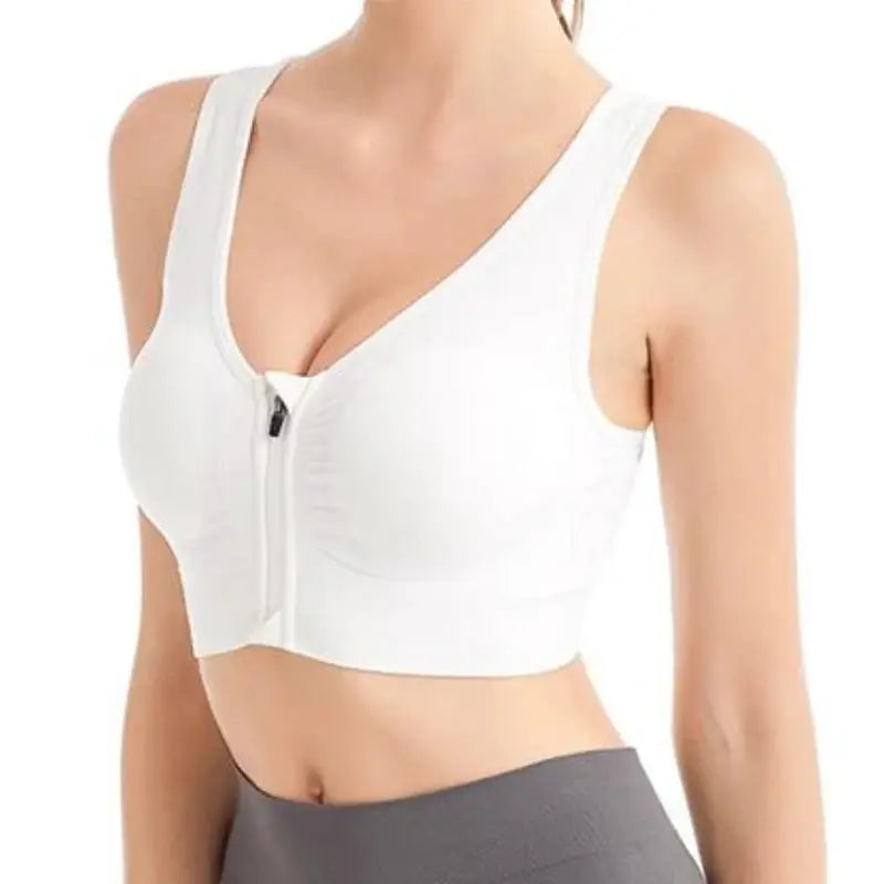 Running fitness sports bra, white front-zip, breathable seamless wireless design by Simples Market