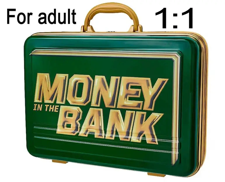 Money in the Bank green metal lunchbox with gold trim and raised gold lettering
