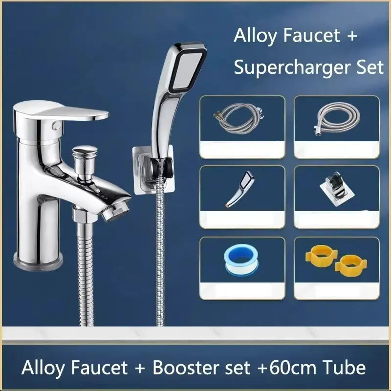 Chrome bathroom faucet set with handheld shower and hoses - Simples Market