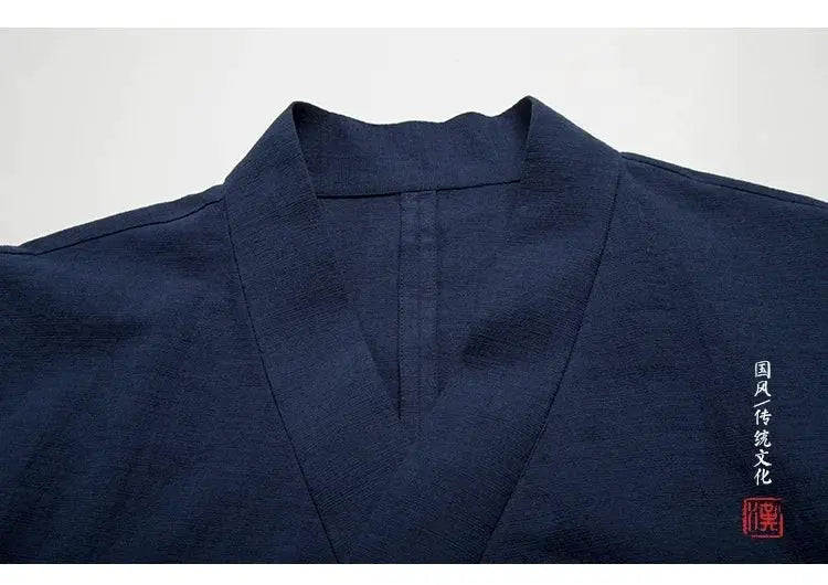 Hanfu vest for men, navy linen-cotton sleeveless top with cross-collar
