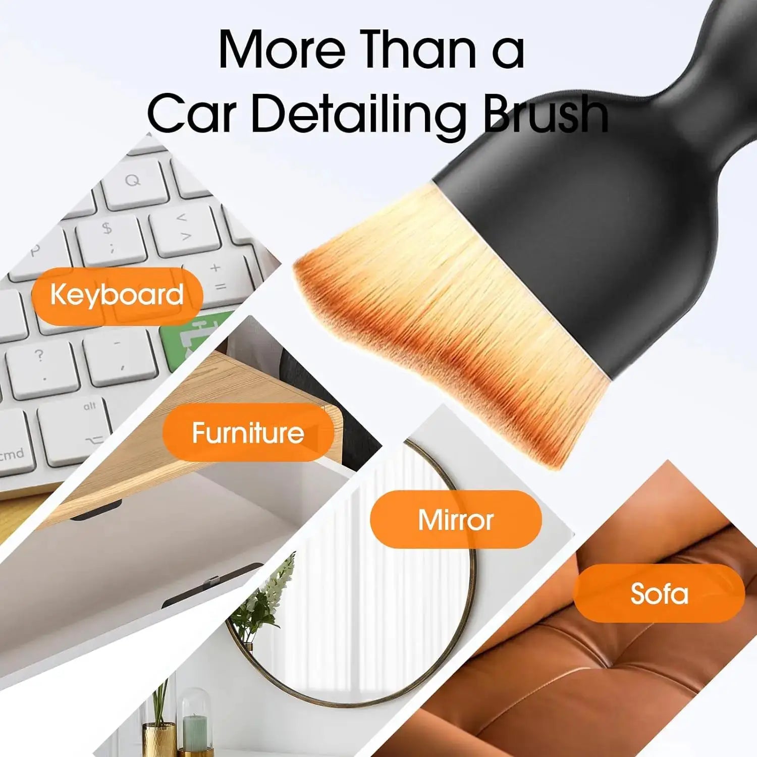 Car interior cleaning brush by Simples Market; thick soft fur bristles, black handle, protective cover