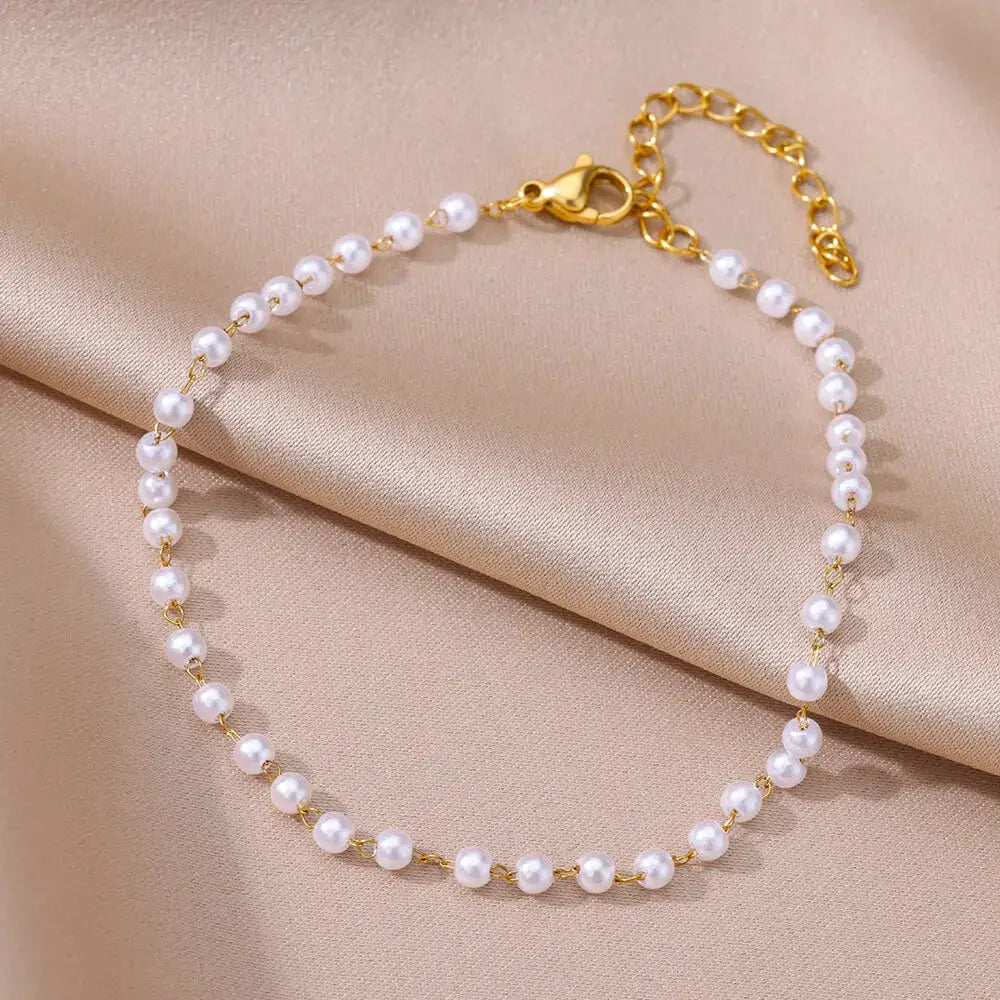 Gold Tone Stainless Steel Imitation Pearl Anklets for Women Beach Jewelry Chain Leg Bracelets Gift