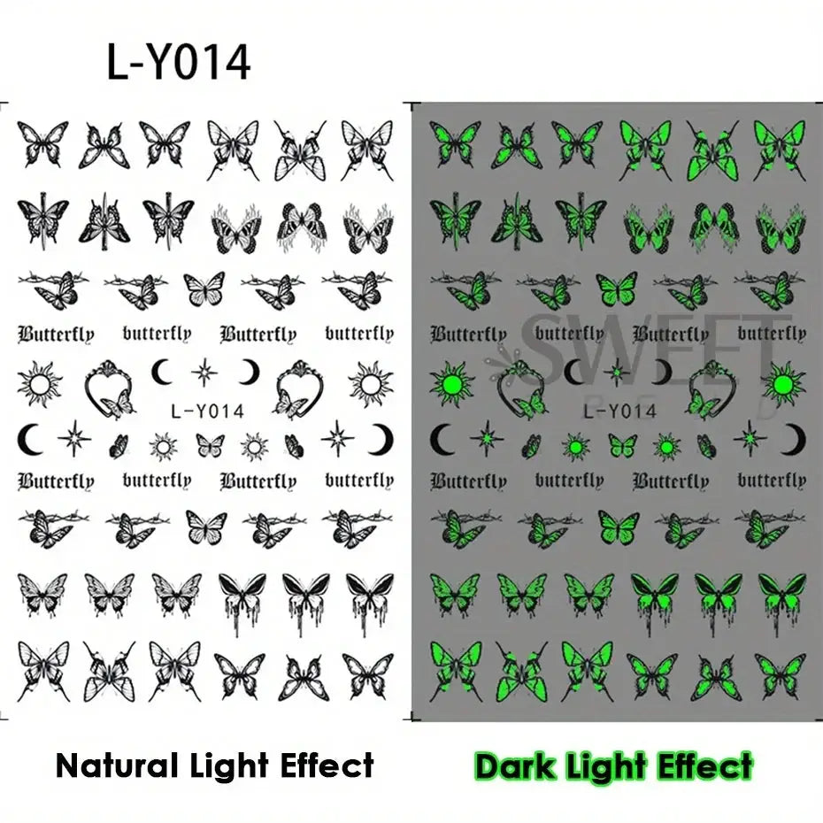 3pcs Simples Market luminous butterfly nail decals with green glow-in-the-dark butterfly designs for manicure