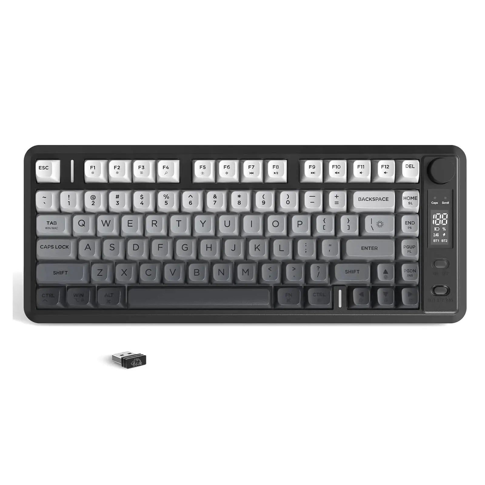 Attack Shark M75 wireless membrane gaming keyboard with knob and OLED display; black frame, PBT keycaps, USB dongle.