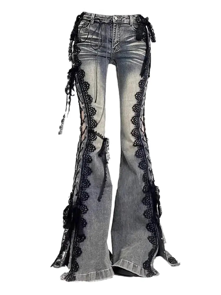 Women Dark Academia Goblin Core Y2K Lace Denim Flare Jeans Bell Bottom
