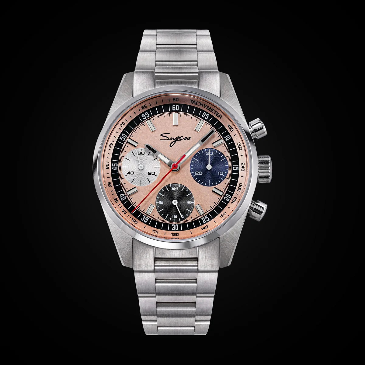 Sugess men's 38mm chronograph watch with stainless steel bracelet, pink dial, and rose-gold bezel.