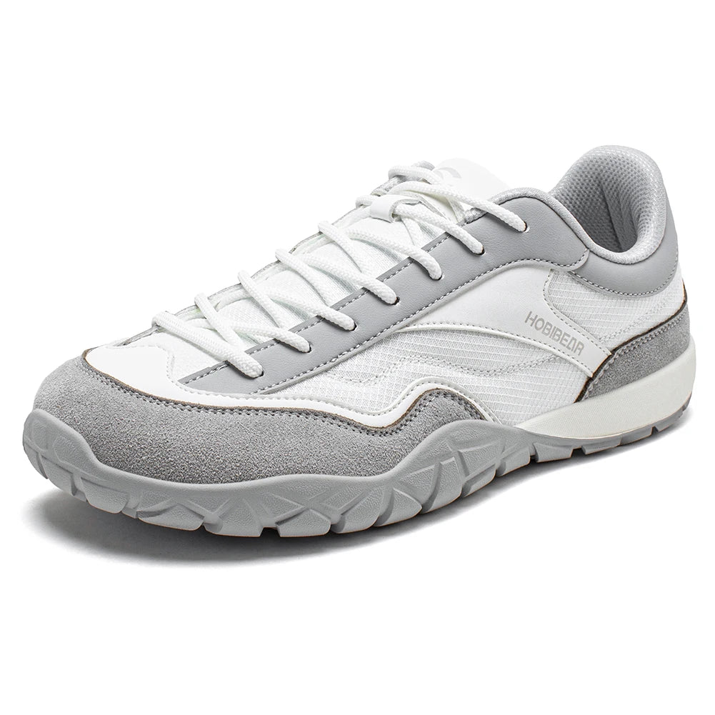 Hobibear wide-width hiking shoes, white/gray mesh with suede overlays, unisex non-slip trekking sneakers