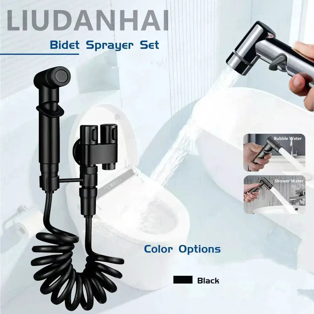 Handheld bidet sprayer set in black with coiled hose and wall-mount bracket from Simples Market