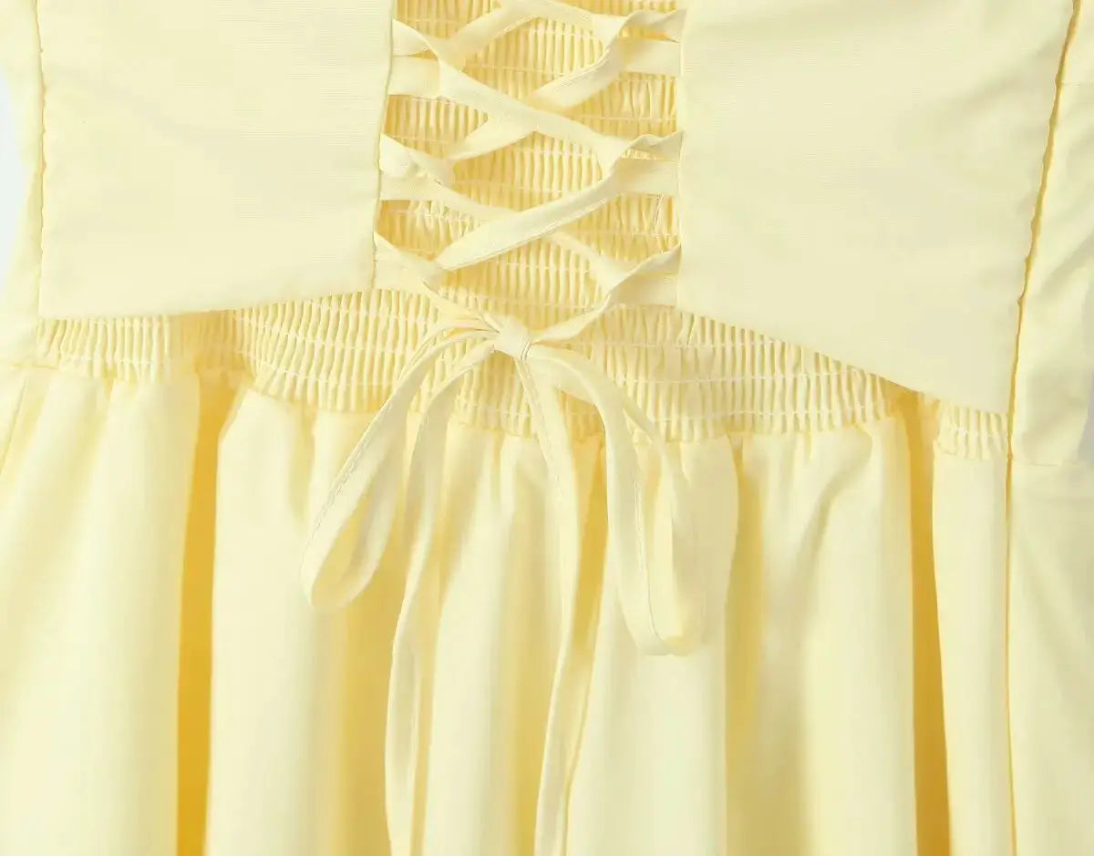 Yenkye Sexy Elegant Fishbone Waist Mini Dress Yellow Lace Up Back