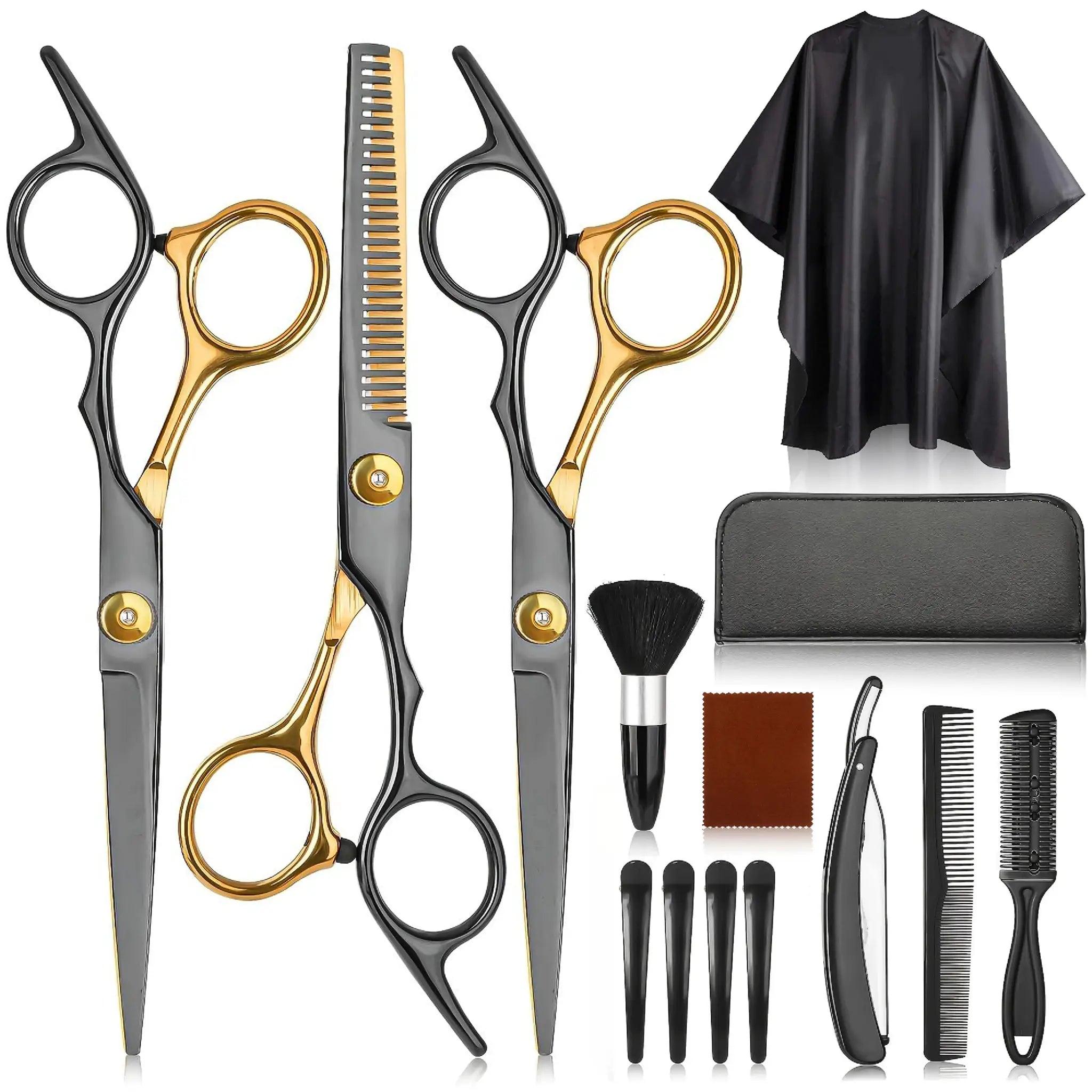 Professional hair cutting scissors set in black and gold with thinning shears, cape, combs and pouch