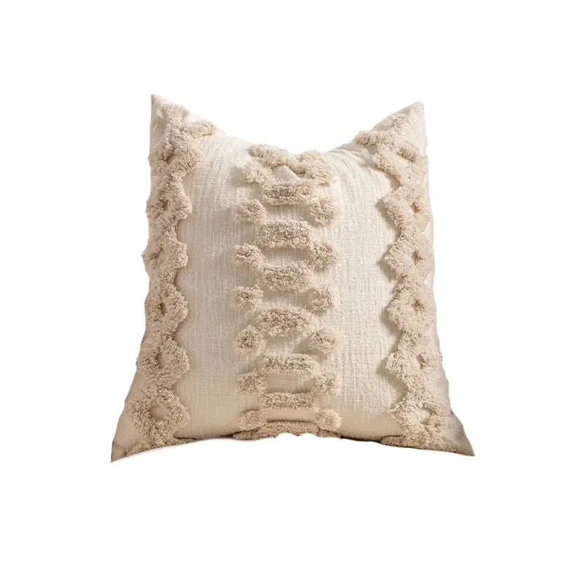 Simples Market beige Bohemian striped pillow case with textured fringe for a modern sofa cushion.