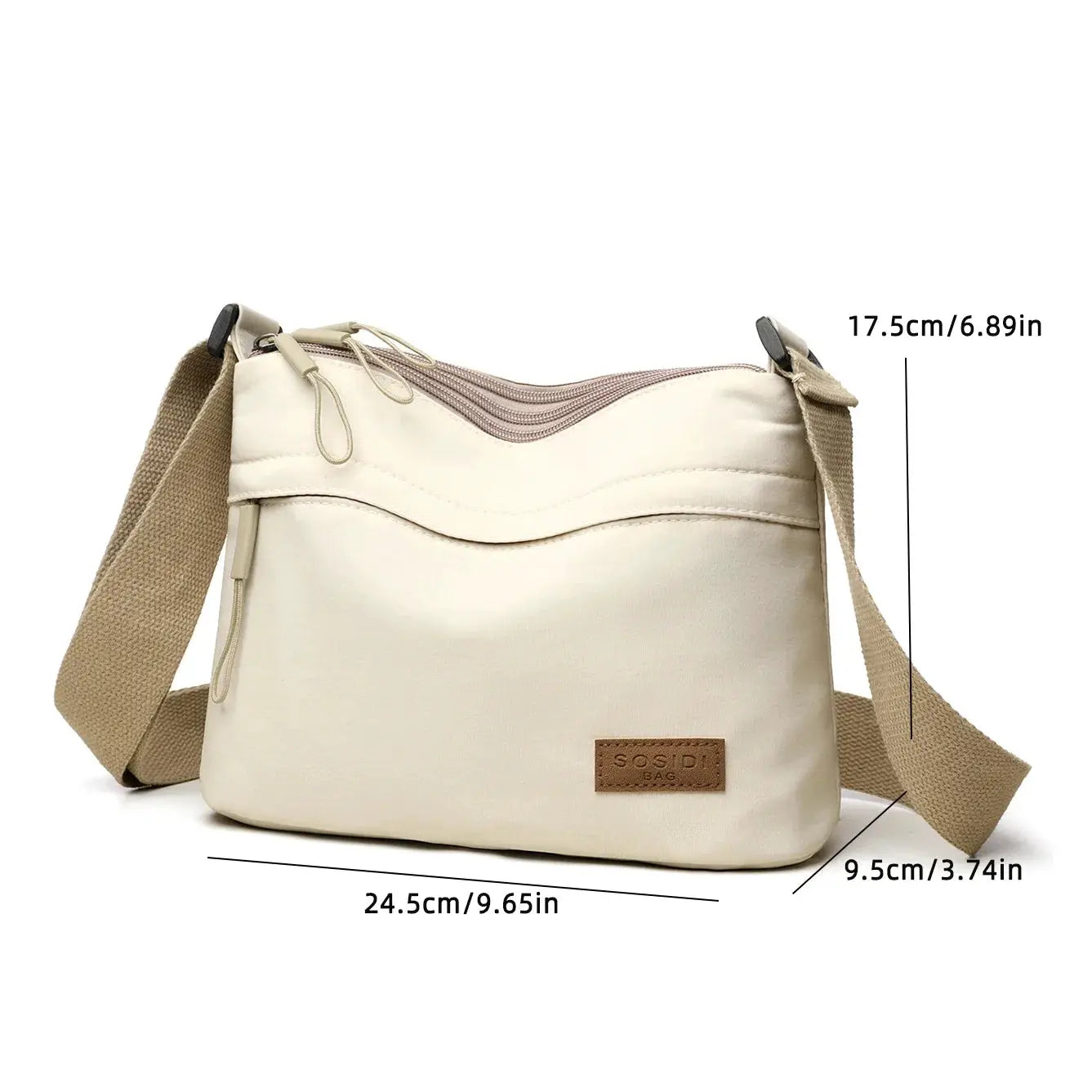 Simples Market crossbody bag, beige canvas with tan strap, 3 main pockets, SOSIDI patch