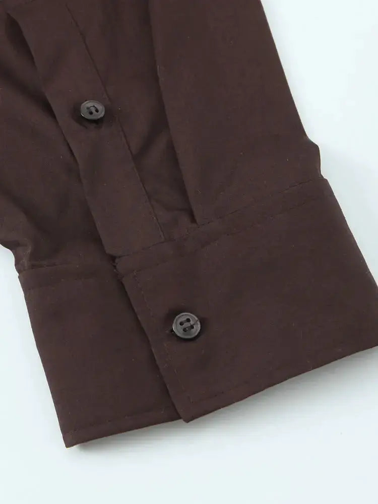 Women's brown long-sleeve shirt with buttoned cuffs for office and daily wear.