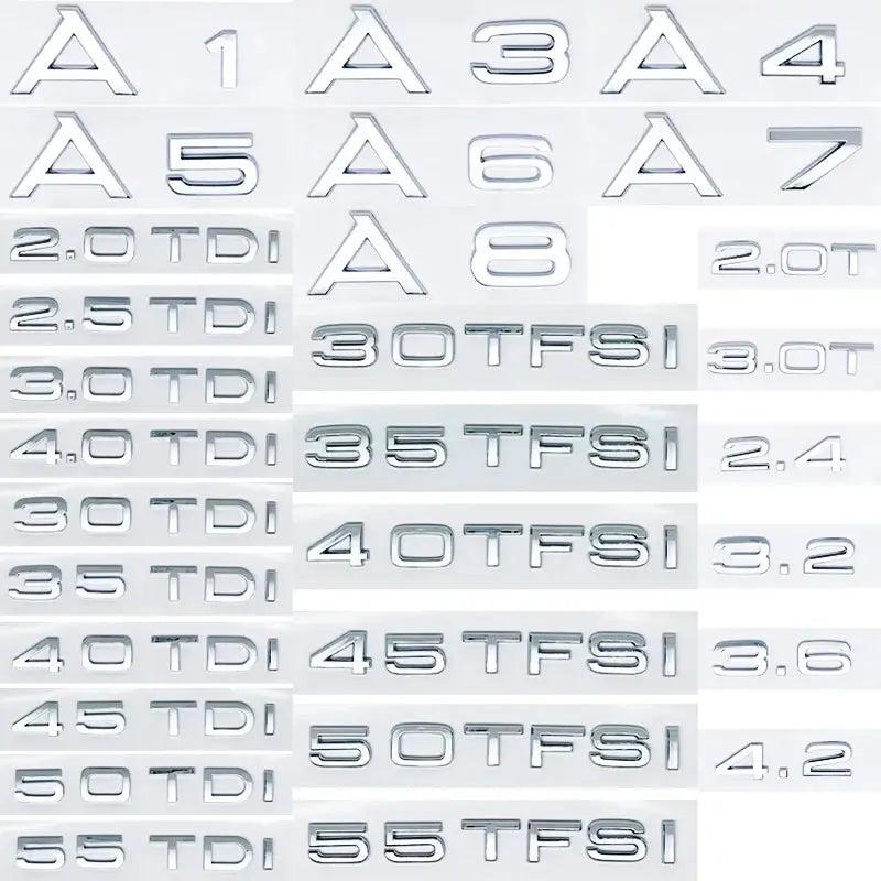 Audi trunk badge set, 3D chrome ABS stickers for A1–A8 and Q models, with 2.0/3.0 TDI and TFSI badges