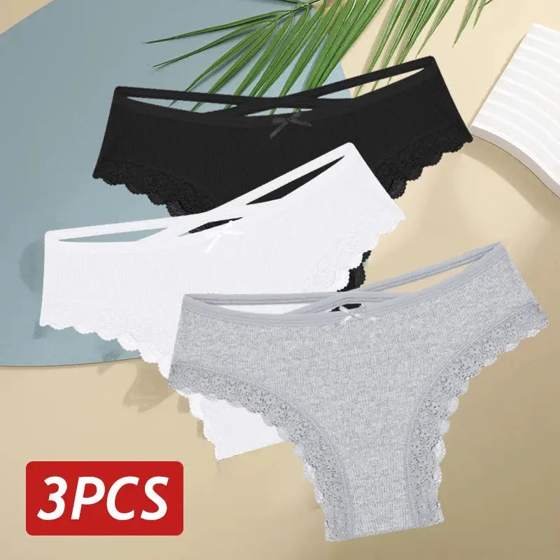 3PCS Simples Market women's cotton lace low-rise panties set in black, white, and gray.