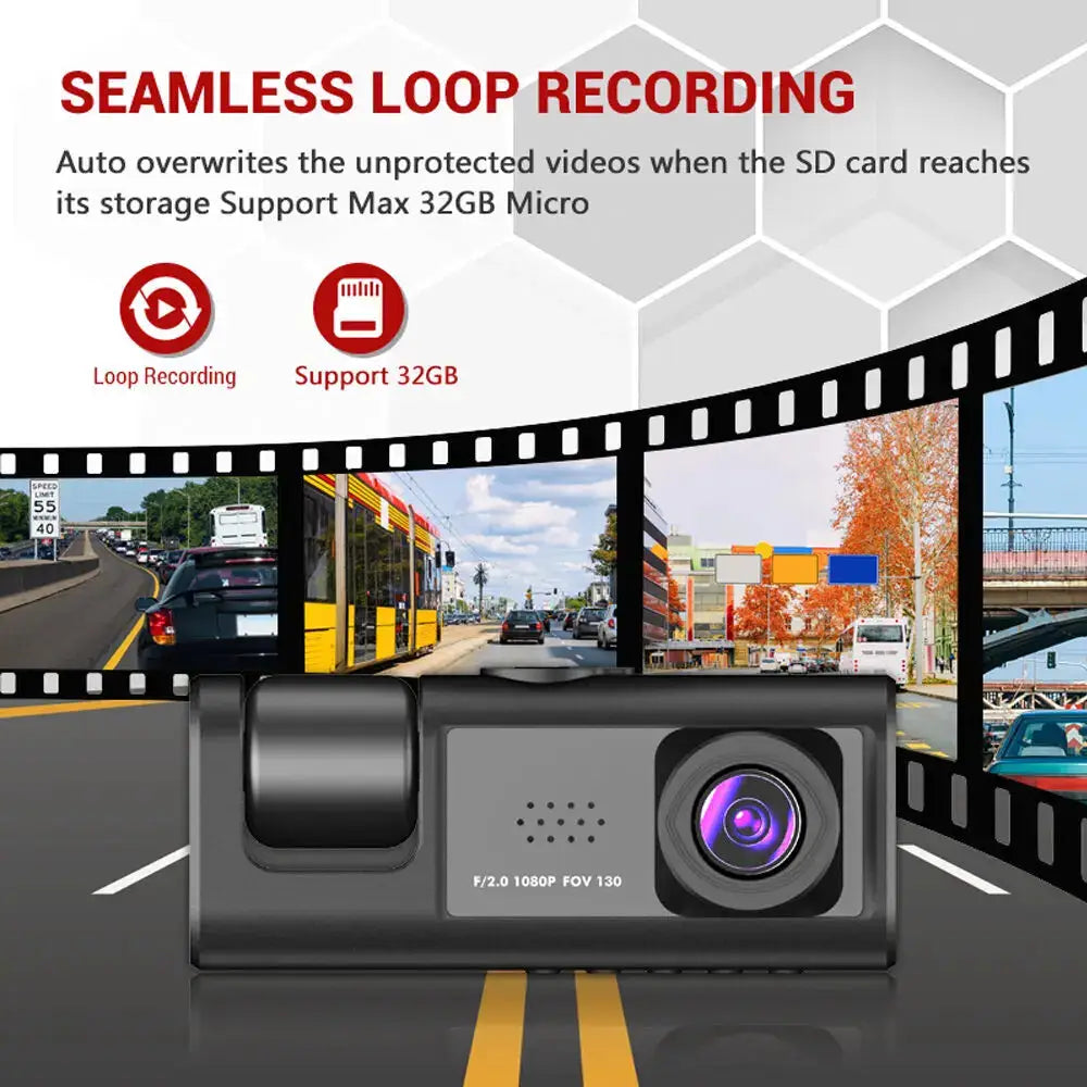 Dash cam in black with 2-inch IPS display, IR night vision and 1080p loop recording for vehicles