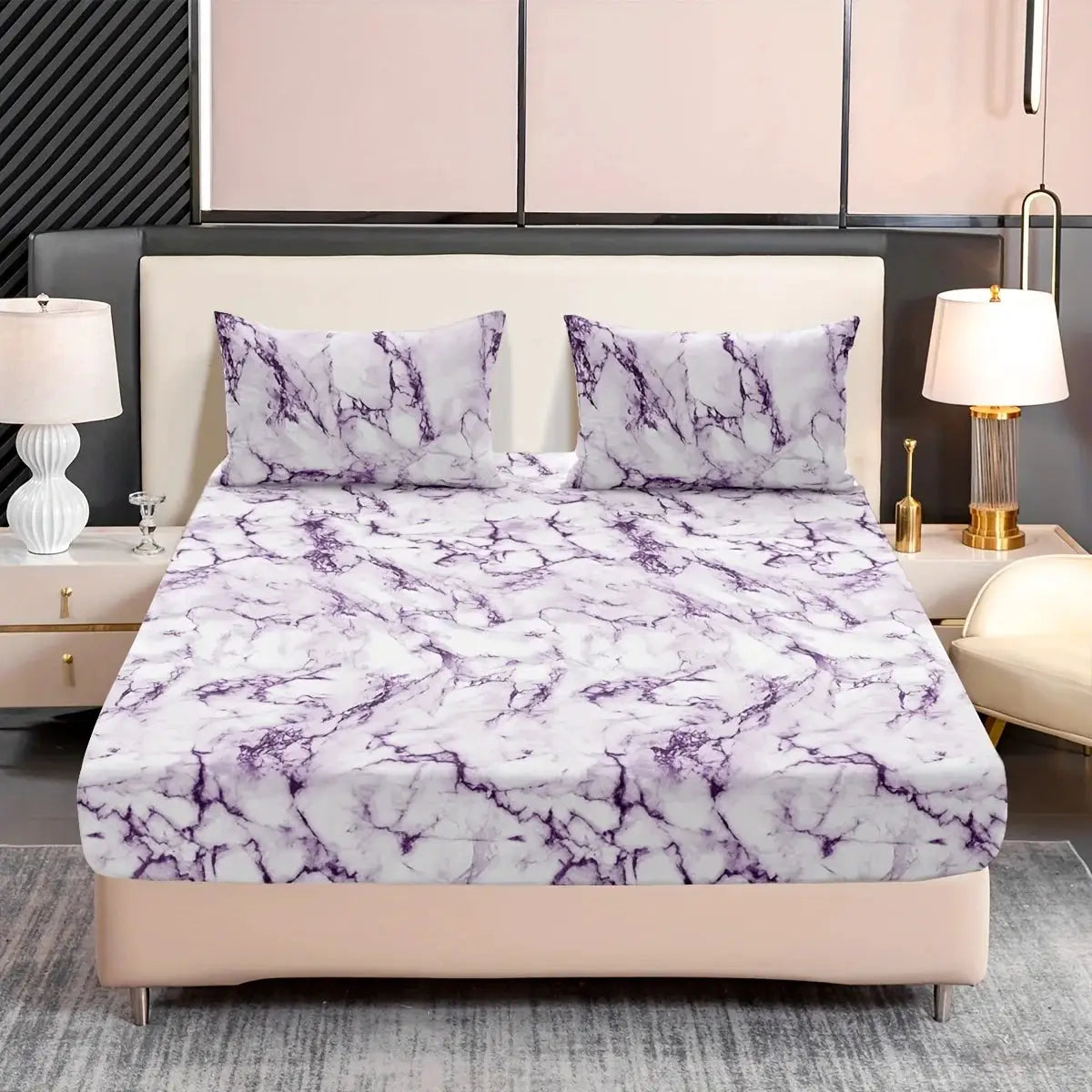 Simples Market 3-piece marble print fitted sheet set in purple on white microfiber, ultra soft