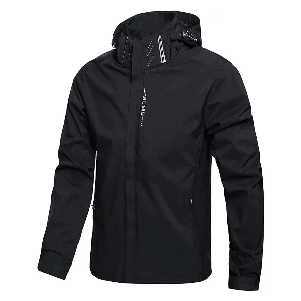 Men's black waterproof hooded rain jacket by Simples Market, lightweight outdoor windproof coat