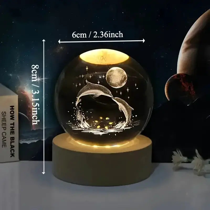 3D dolphin moon crystal ball with LED base, laser-etched dolphins beneath a moon indoors