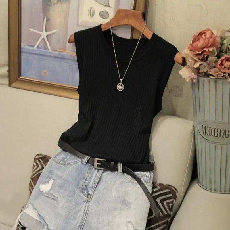 Korea Knitted Vests Women Top Lightweight Breathable High Stretch Polyester Knit For Summer Comfort