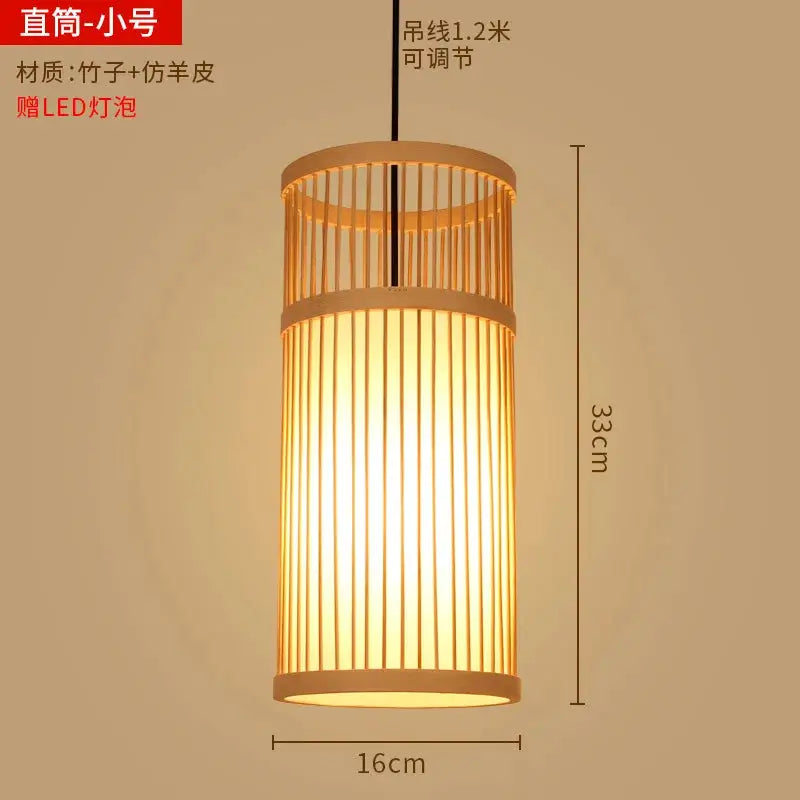 Bamboo lantern chandelier by Simples Market, cylindrical pendant with vertical slats and warm LED glow