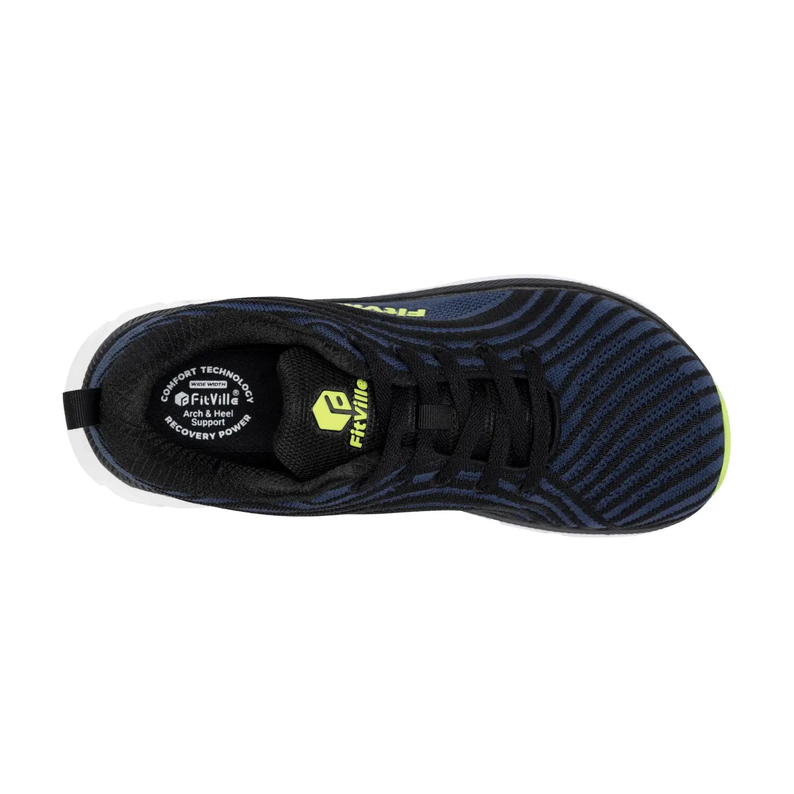 FitVille men's wide-toe-box running shoes; navy/black striped mesh with neon yellow logo, cushioned and breathable.