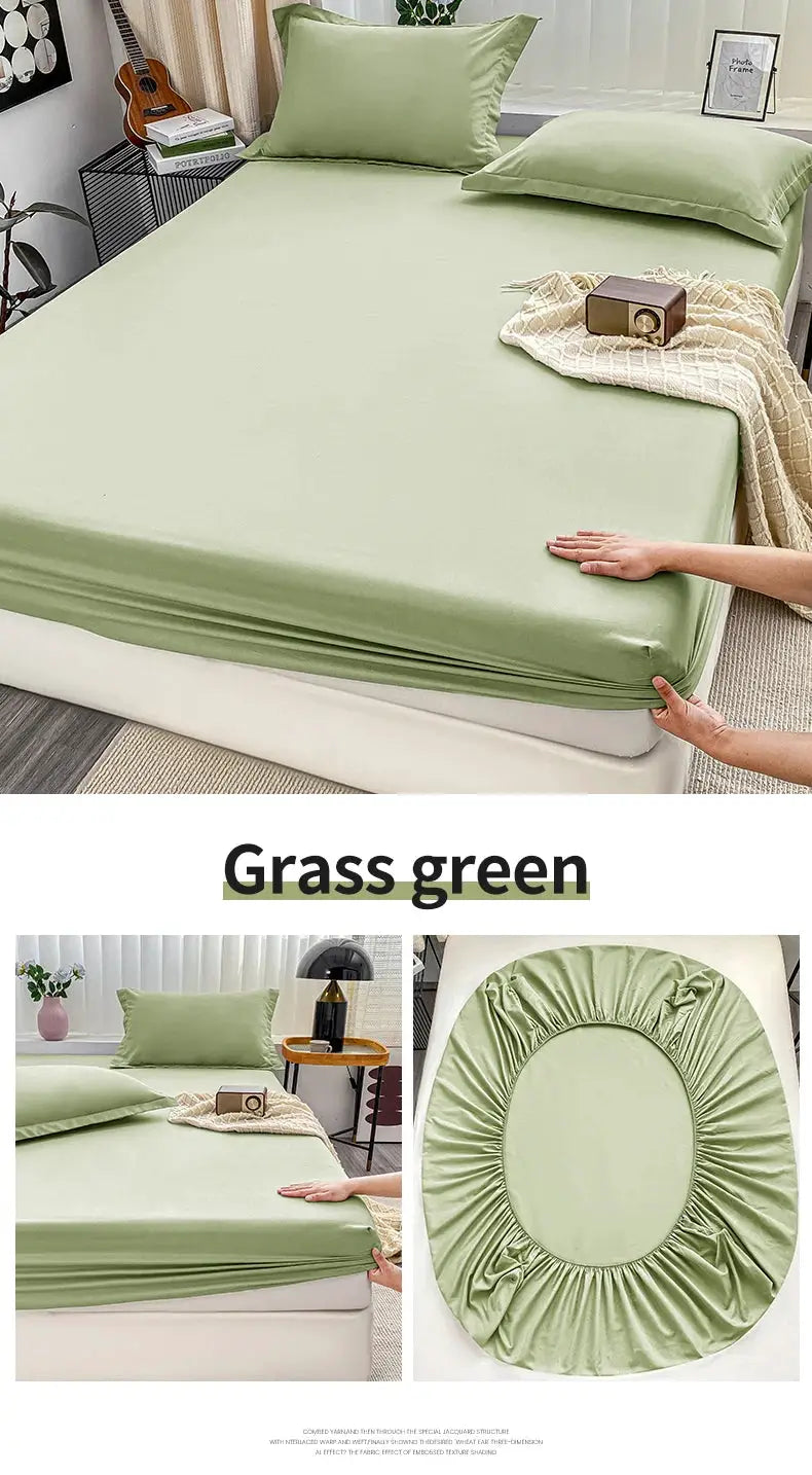 Grass-green fitted bed sheet with elastic anti-slip band for single to king beds by Simples Market