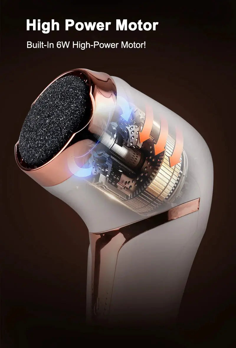 Electric pedicure tool with rose-gold body and black abrasive foot file pad