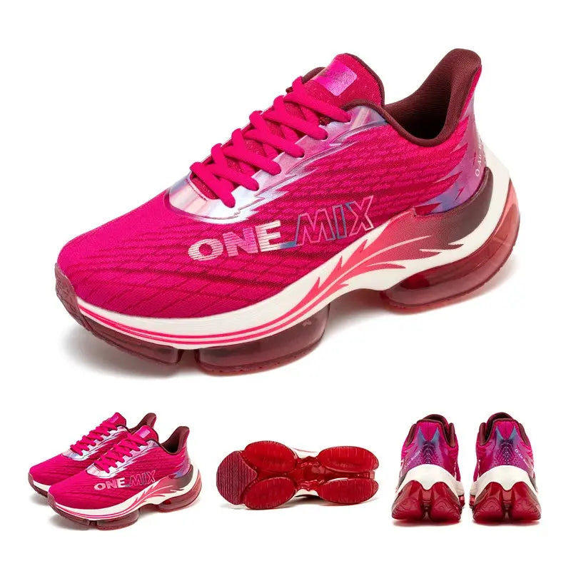 ONEMIX women’s air-cushion running shoes in bright pink mesh with white midsole and red outsole